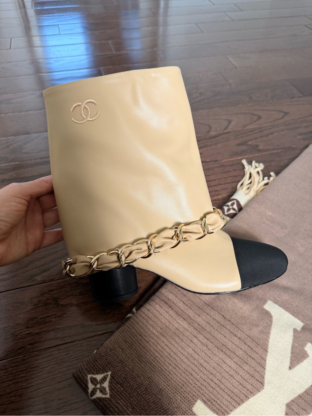 CHANEL Beige and Black Chain-Trim Mid-Calf Heeled Boot
